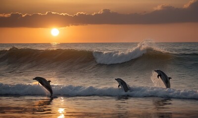 In the soft light of the setting sun, a pod of dolphins playfully soars above the waves, creating a captivating serenade to the day's end. The ocean dances with reflections, celebrating the symphony