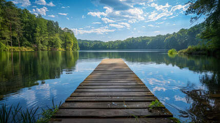 Fototapeta na wymiar Serenity at a lakeside pier with clear blue sky and lush greenery