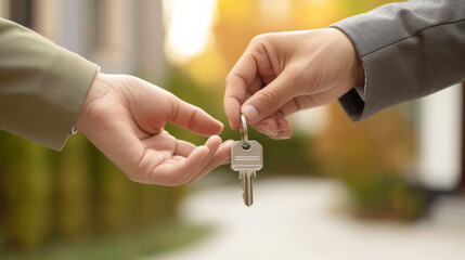Real estate agent handing over house keys to the new homeowner - obrazy, fototapety, plakaty