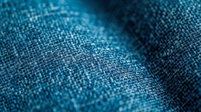 Close-up weaving of blue fibers. Fabric background photo. Detailed textile surface with selective focus can be used as a background. Blue Linen Fabric Texture with Elegant Creases, Perfect for Apparel