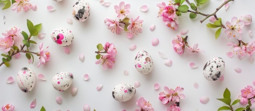 Easter eggs and pink flowers against a white backdrop, representing Easter and spring. Image is displayed in a flat lay, top-down view.