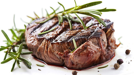 Grilled beef fillet steak garnished with rosemary, isolated on white.