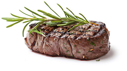 Grilled beef fillet steak topped with rosemary, isolated on white.