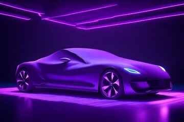 Presentation Of Car Covered With Cloth on Dark Illuminated By Violet Neon Light Background. 3d rendering