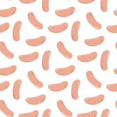 Raw meat sausages seamless pattern. Background with chicken or pork sausages. Print meat products, vector graphics - obrazy, fototapety, plakaty
