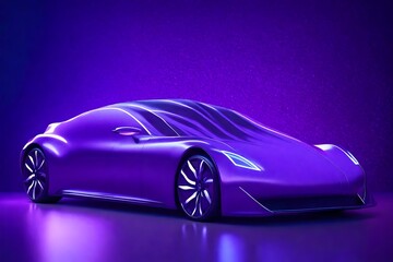 Presentation Of Car Covered With Cloth on Dark Illuminated By Violet Neon Light Background. 3d...