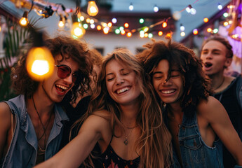 Happy friends having fun dancing at rooftop party with fairy lights. The concept of friendship, youth and summer lifestyle