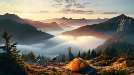 Badezimmer Foto Rückwand Nature landscape with fog, comfortable backpacking and camping scenery © CREATIVE STOCK