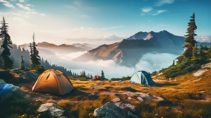 Zelfklevend Fotobehang Nature landscape with fog, comfortable backpacking and camping scenery © CREATIVE STOCK