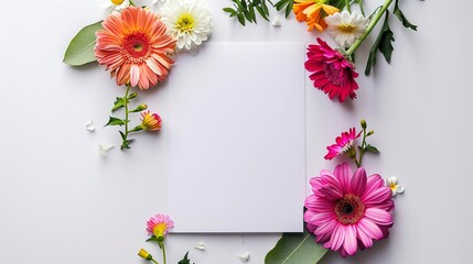 An arrangement of colorful gerbera daisies and chamomile flowers frame a blank note card on a white background. The perfect image for a spring or summer greeting card or invitation.