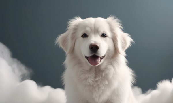 A soft white dog lies on a bed of clouds against a grey sky, offering an image of calm repose. The contrast between the dog's bright fur and the dark backdrop adds to the mystique. AI generation