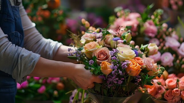 Florist Crafting Bouquet: Cropped Image of Client's Customized Arrangement