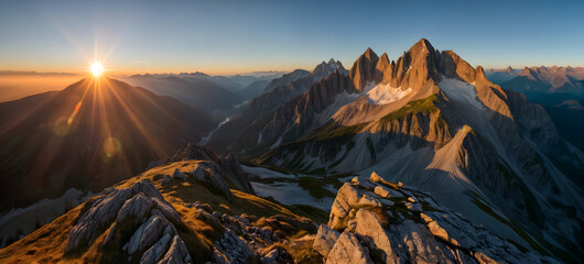 The sun crests the horizon, bathing the steep, rocky mountain peaks in a warm golden light during...