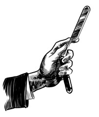Hand holding a razor. Pair of socks. Hand drawn retro styled black and white illustration
- 767004207