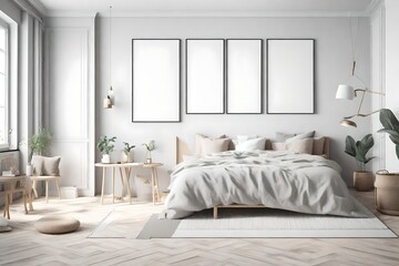 Fototapeta na wymiar Mock-up poster frame in bedroom, Scandinavian style, 3d render