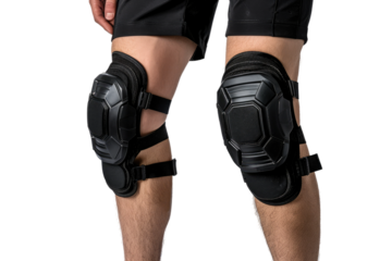Man Wearing Knee Pads and Elbow Pads on Construction Site. On a Clear PNG or White Background.