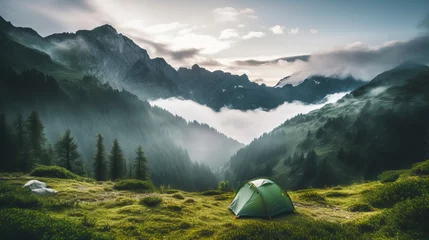 Fotobehang Nature landscape with fog, comfortable backpacking and camping scenery © CREATIVE STOCK