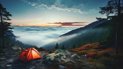 Nature landscape with fog, comfortable backpacking and camping scenery - obrazy, fototapety, plakaty