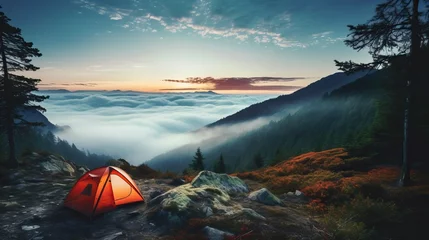 Fotobehang Nature landscape with fog, comfortable backpacking and camping scenery © CREATIVE STOCK
