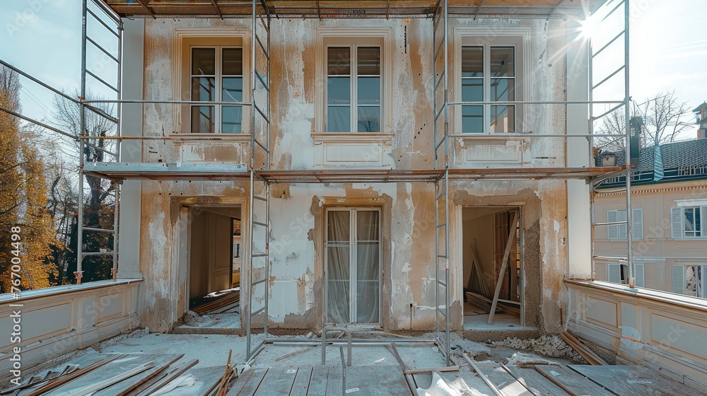 Aufkleber renovation work on an individual house using scaffolding. generative ai.