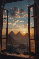 Sunset View of the Egyptian Pyramids through an Open Window