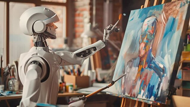 A robot is drawing human art at the indoor art room
