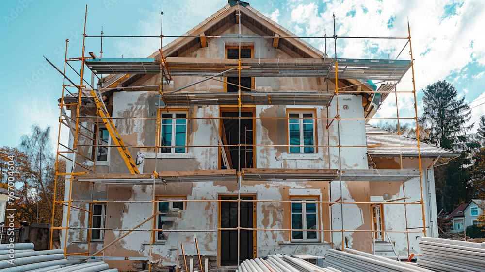 Aufkleber renovation work on an individual house using scaffolding. generative ai.