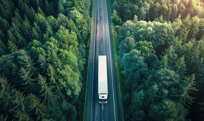 A white truck cruising along a road slicing through a stunning, lush green forest, depicting transportation.