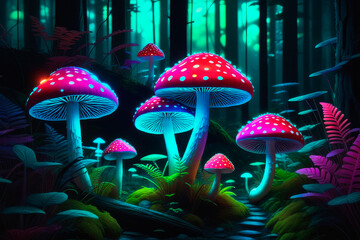 Fantasy mushrooms with neon light on a in mystic luminescent forest.