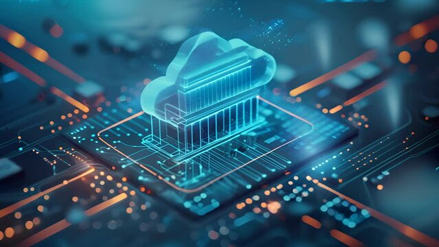 A futuristic 3D animation visualizing cloud computing technology merging with banking architecture, set against a backdrop of a vibrant circuit board. It highlights the concept of digital banking