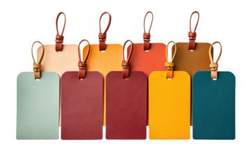 Vibrant Row of Colorful Luggage Tags With Leather Handles. On a Clear PNG or White Background.