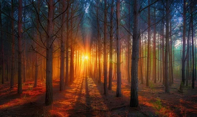 Foto op Aluminium Bosweg Enchanting forest scenery with sunbeams piercing through the mist and trees