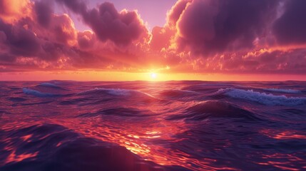 Obraz premium The sun is setting in the horizon, casting a golden light over the rolling waves of the ocean