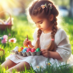  Girl with painted eggs. - obrazy, fototapety, plakaty