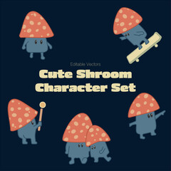 Groovy Retro Cute Mushroom Character Set 