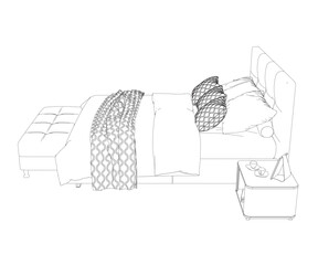 Hand drawn bed icon in vector. Outline of a sleeping bed with an unmade blanket and pillows from black lines isolated on a white background. View from above. Vector illustration. Side view.