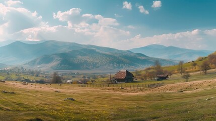 Panorama of beautiful countryside. sunny afternoon. wonderful springtime landscape