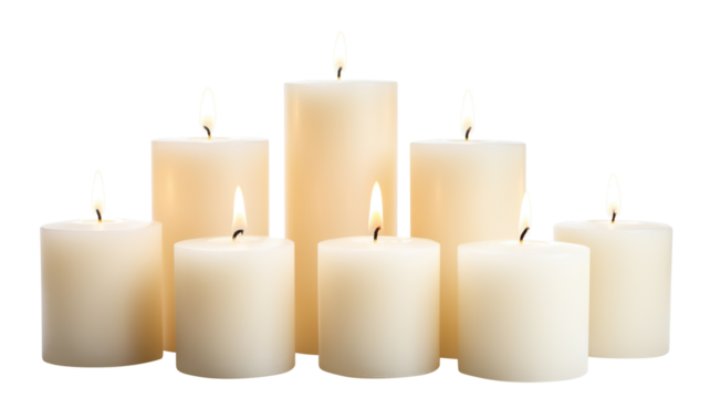 Pillar candles with flames illuminated, cut out