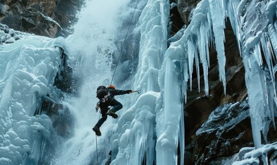 climber in gear scales a majestic frozen waterfall amid jagged rocks and icy crags