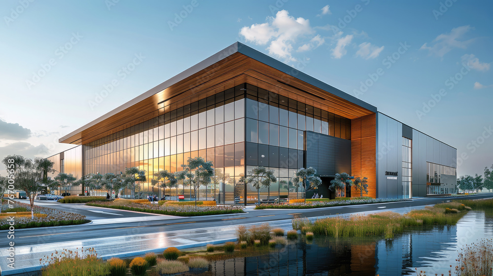 Aufkleber exterior of data center made of concrete tilt up panels with a grand corner entrance to showcase the