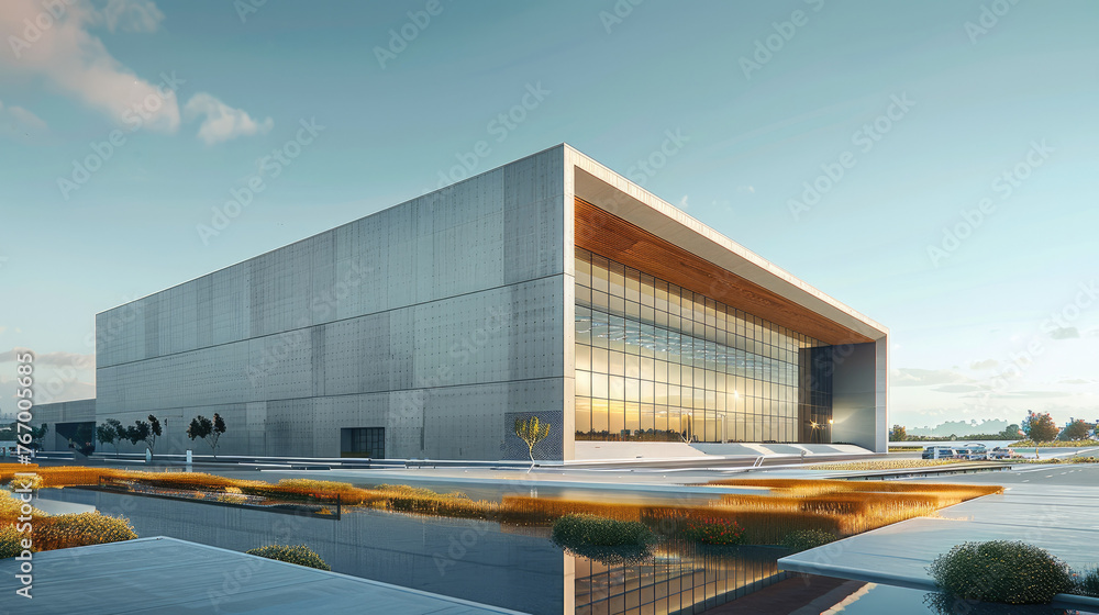 Aufkleber exterior of data center made of concrete tilt up panels with a grand corner entrance to showcase the