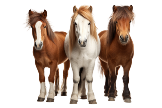 Three Horses Standing Together. On a Clear PNG or White Background.