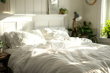 Sunlit cozy bedroom with unmade bed and plants