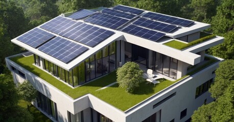 This modern villa, featuring a blend of straight lines and solar panels, exemplifies cutting-edge sustainable design amidst a serene forest backdrop. AI generation