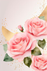 Watercolor greeting card with pastel pink beautiful roses and delicate gold leaf accents.