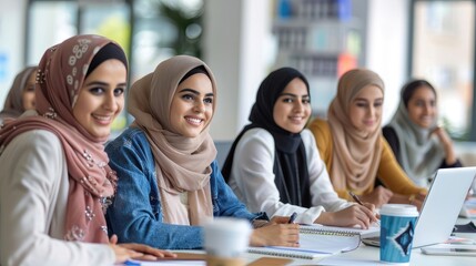 Group of smiling women with hijabs in a collaborative setting.