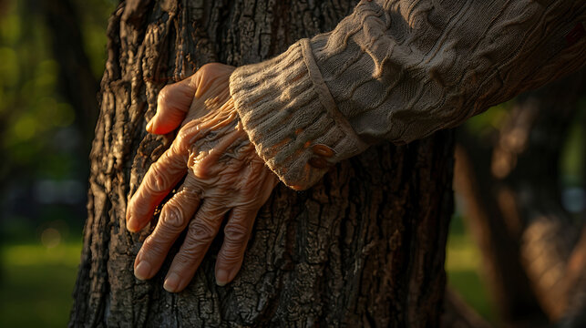 Here the image of an old man's hands with the roots of a tree Generated Ai