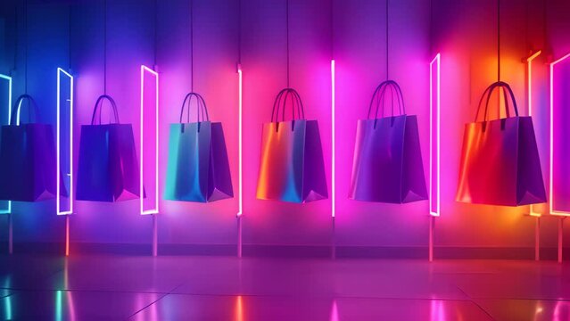 Vibrant 3D animation of neon-colored shopping bags hanging in a digital space, symbolizing online shopping, consumerism, and the digital marketplace's colorful spectrum.