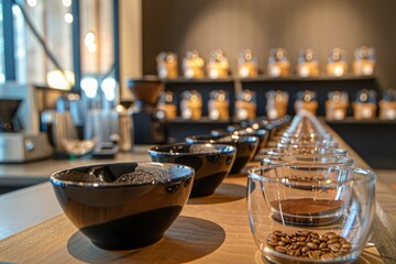 Professional Coffee Tasting Setup with Ground Coffee and Beans in Modern Cafe
