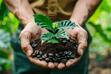 Close up of Hands Holding Coffee Plant Sapling and Roasted Beans, Sustainable Agriculture Concept